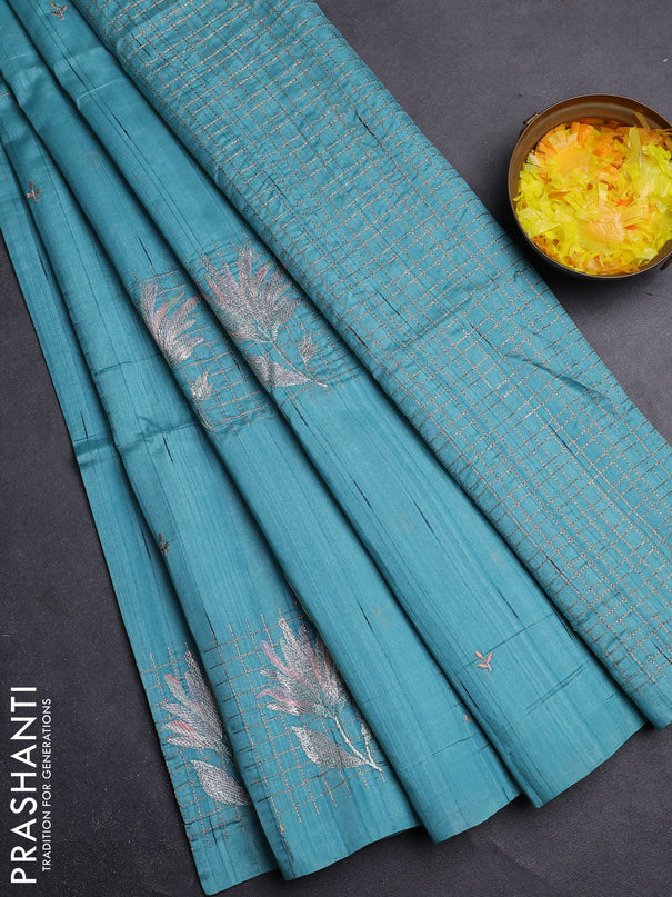 Semi raw silk saree teal blue with embroidery buttas and embroidery butta border