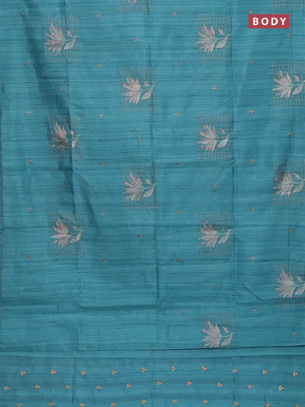 Semi raw silk saree teal blue with embroidery buttas and embroidery butta border