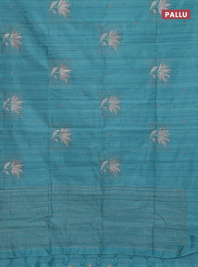 Semi raw silk saree teal blue with embroidery buttas and embroidery butta border