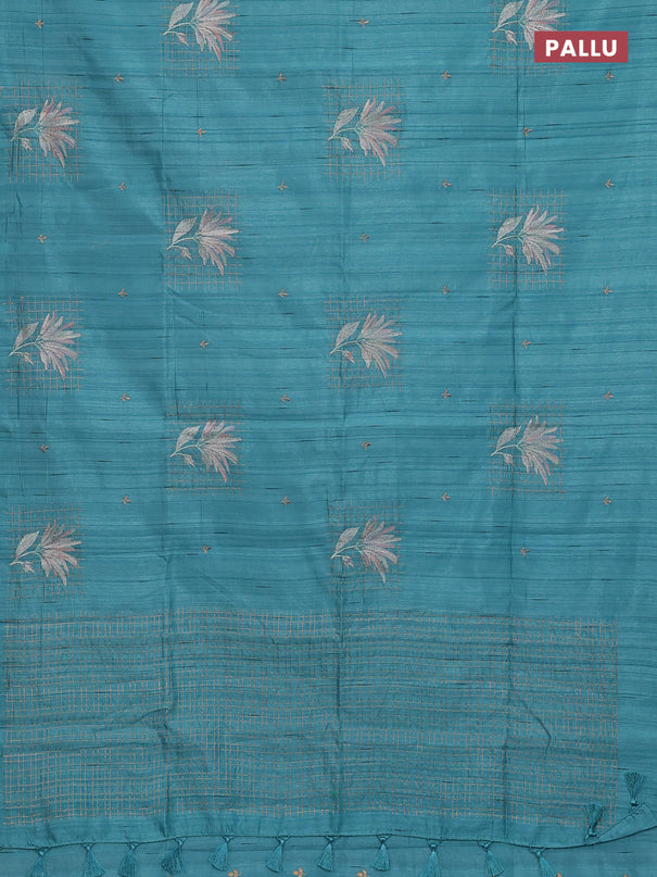 Semi raw silk saree teal blue with embroidery buttas and embroidery butta border