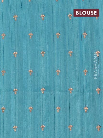 Semi raw silk saree teal blue with embroidery buttas and embroidery butta border