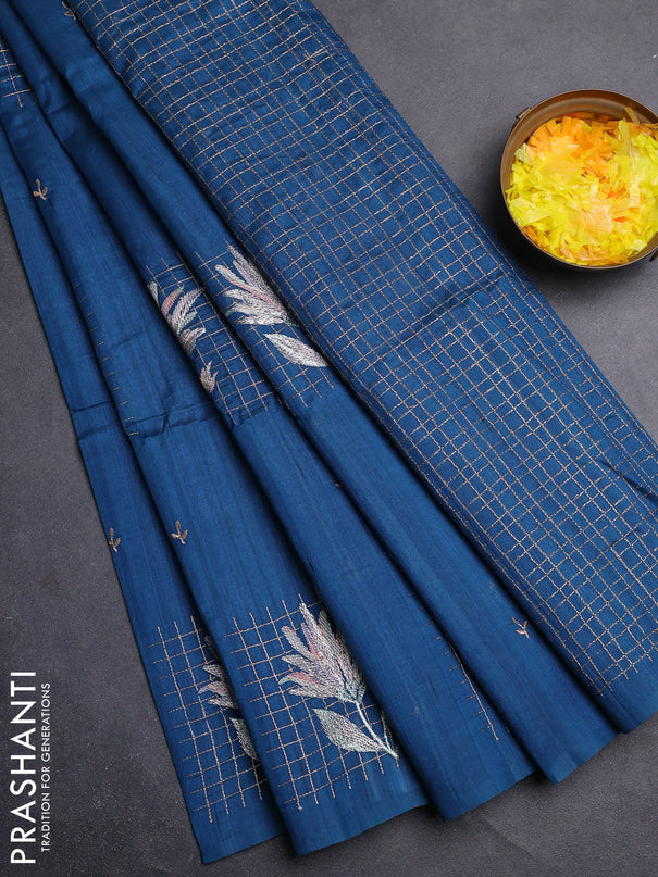 Semi raw silk saree peacock blue with embroidery buttas and embroidery butta border