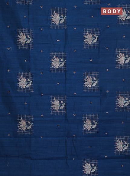 Semi raw silk saree peacock blue with embroidery buttas and embroidery butta border