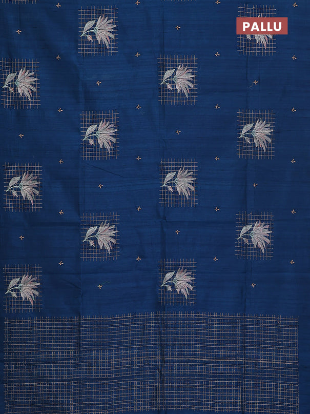 Semi raw silk saree peacock blue with embroidery buttas and embroidery butta border