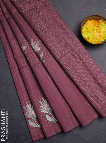 Semi raw silk saree rosy brown with embroidery buttas and embroidery butta border