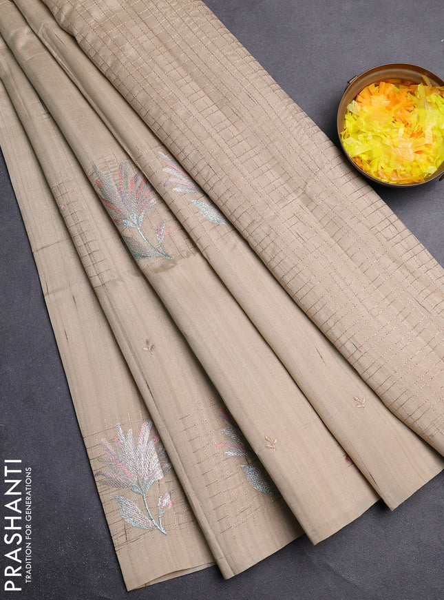 Semi raw silk saree beige with embroidery buttas and embroidery butta border