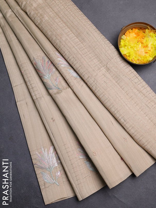 Semi raw silk saree beige with embroidery buttas and embroidery butta border
