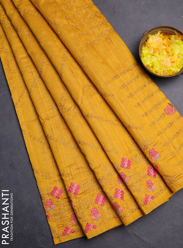 Semi raw silk saree mustard yellow with allover embrodery work and embroidery border