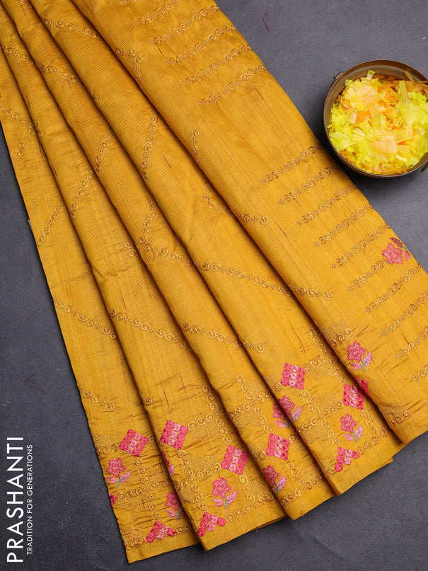 Semi raw silk saree mustard yellow with allover embrodery work and embroidery border