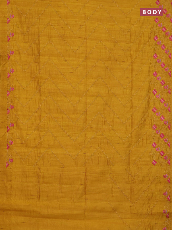 Semi raw silk saree mustard yellow with allover embrodery work and embroidery border