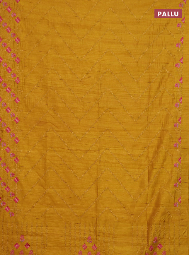 Semi raw silk saree mustard yellow with allover embrodery work and embroidery border