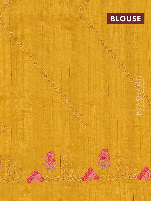 Semi raw silk saree mustard yellow with allover embrodery work and embroidery border