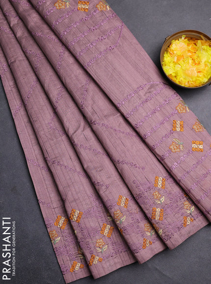 Semi raw silk saree pastel purple shade with allover embrodery work and embroidery border