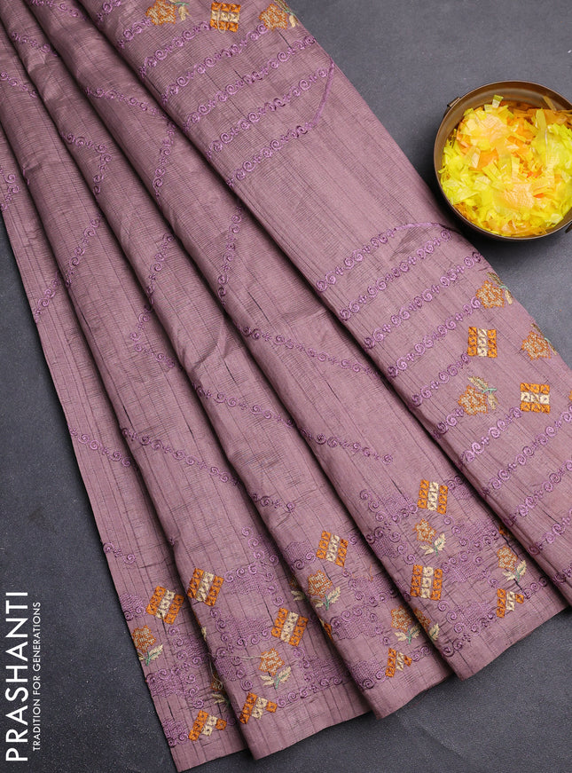 Semi raw silk saree pastel purple shade with allover embrodery work and embroidery border