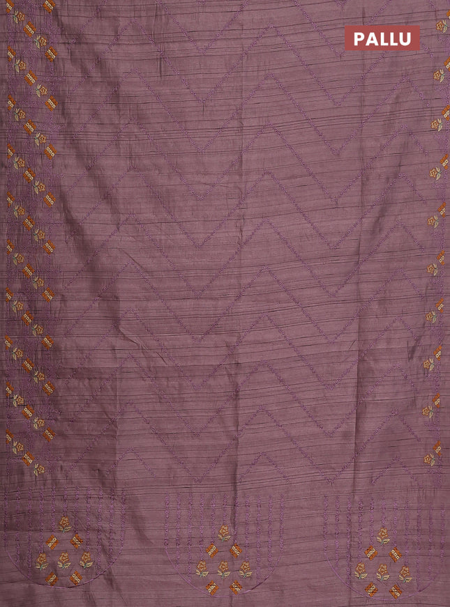 Semi raw silk saree pastel purple shade with allover embrodery work and embroidery border