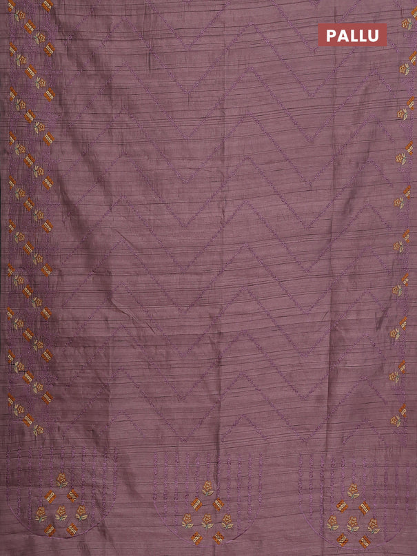 Semi raw silk saree pastel purple shade with allover embrodery work and embroidery border