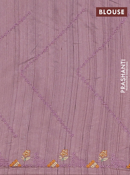 Semi raw silk saree pastel purple shade with allover embrodery work and embroidery border