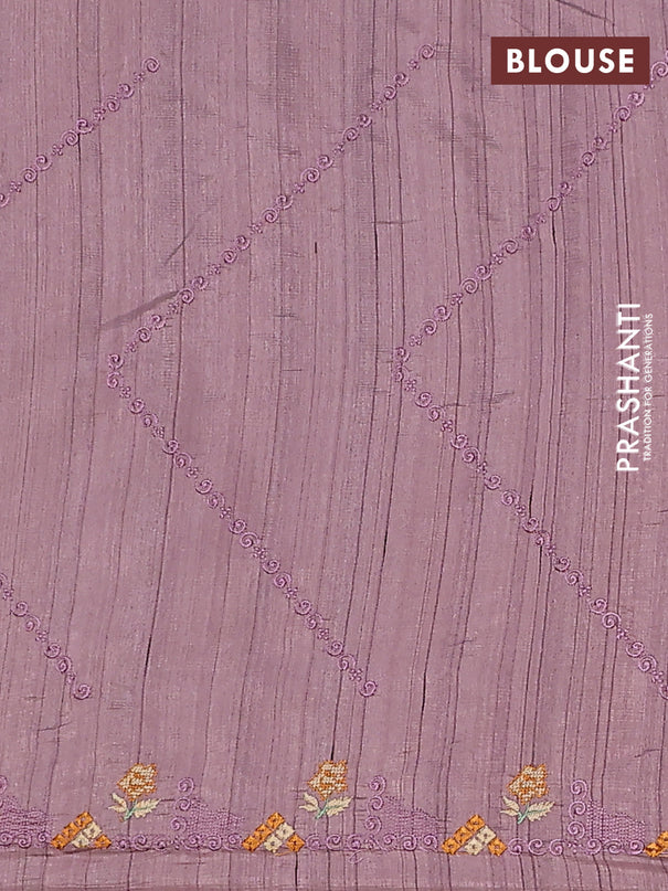 Semi raw silk saree pastel purple shade with allover embrodery work and embroidery border
