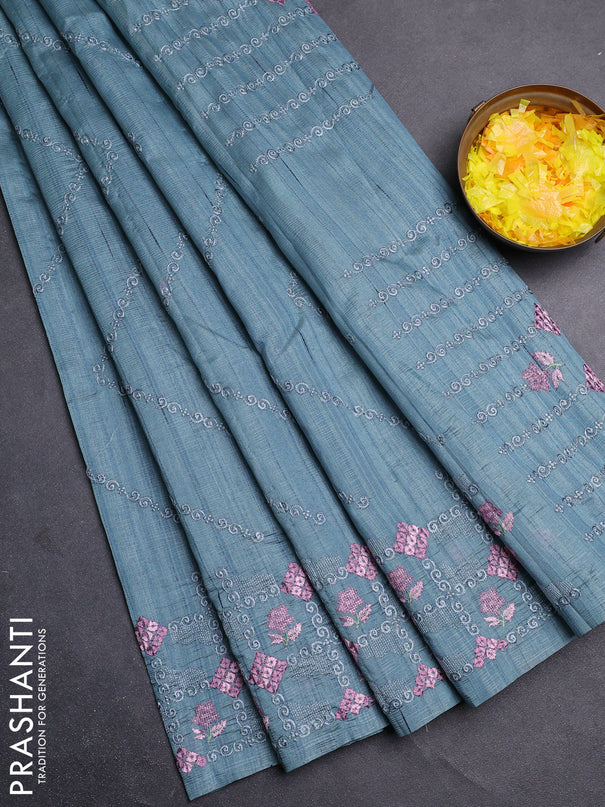 Semi raw silk saree pastel blue shade with allover embrodery work and embroidery border