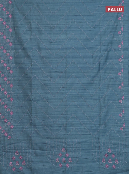 Semi raw silk saree pastel blue shade with allover embrodery work and embroidery border
