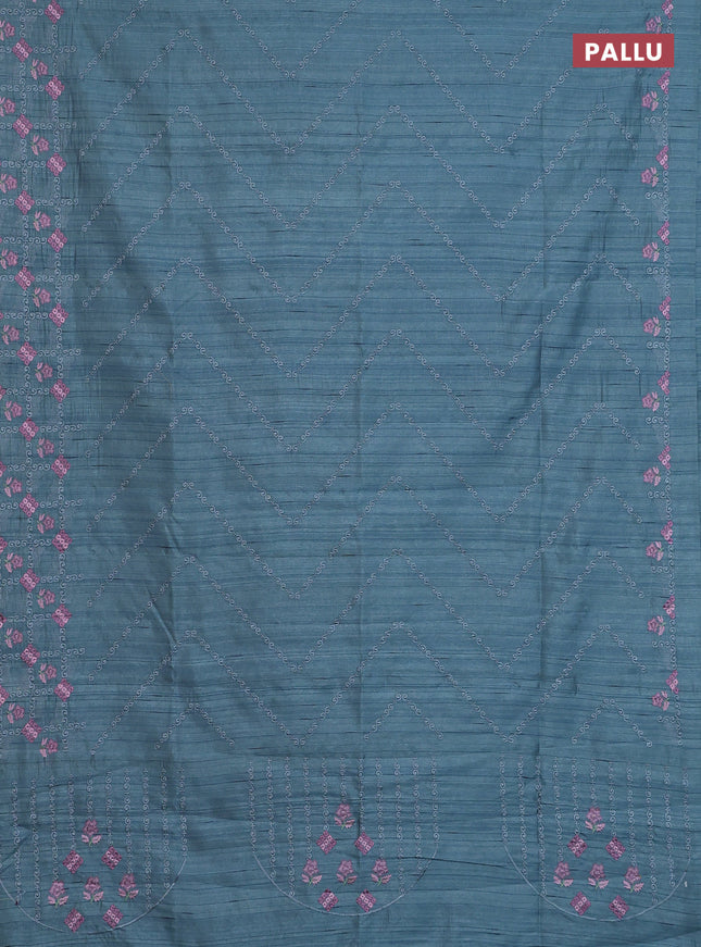 Semi raw silk saree pastel blue shade with allover embrodery work and embroidery border