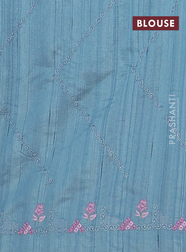 Semi raw silk saree pastel blue shade with allover embrodery work and embroidery border