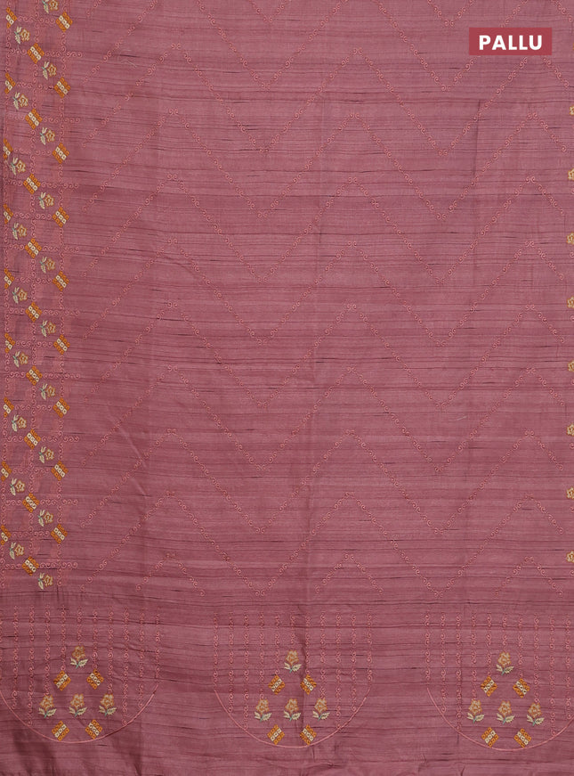 Semi raw silk saree rosy brown with allover embrodery work and embroidery border