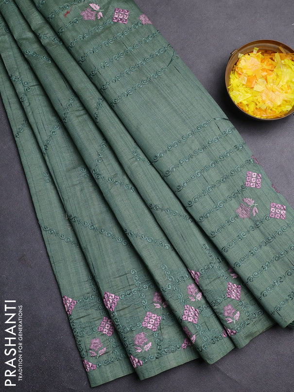 Semi raw silk saree green shade with allover embrodery work and embroidery border