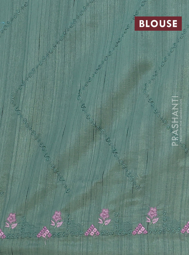 Semi raw silk saree green shade with allover embrodery work and embroidery border