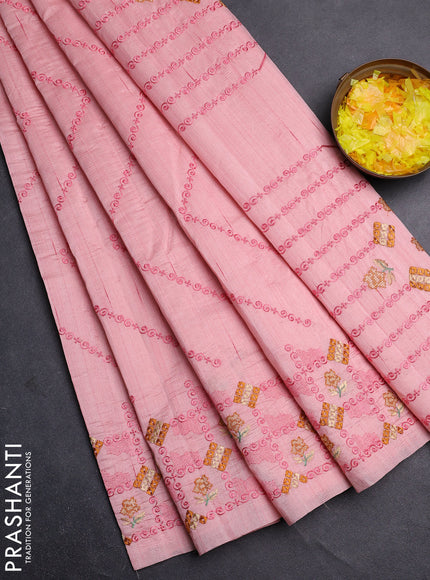 Semi raw silk saree mild peach pink with allover embrodery work and embroidery border