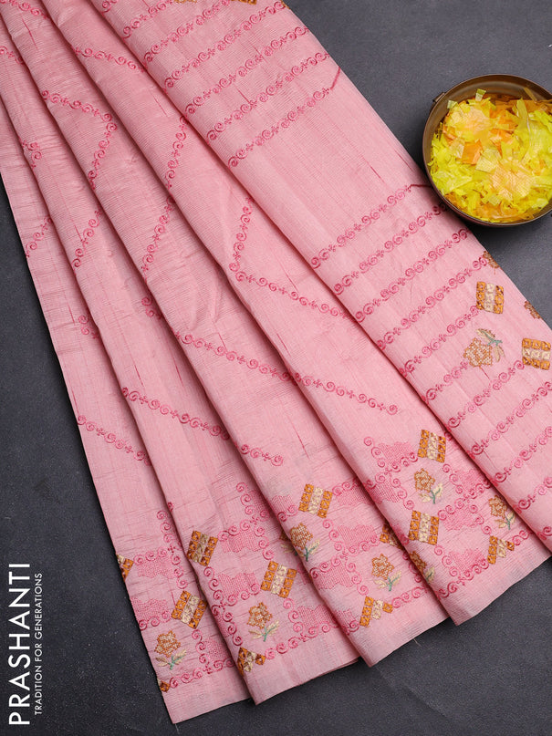 Semi raw silk saree mild peach pink with allover embrodery work and embroidery border