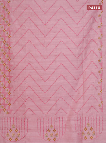 Semi raw silk saree mild peach pink with allover embrodery work and embroidery border