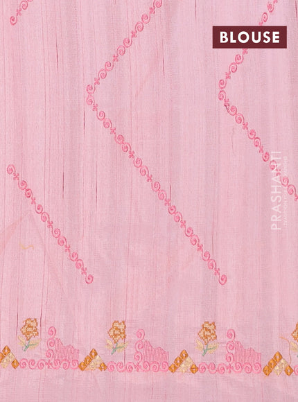 Semi raw silk saree mild peach pink with allover embrodery work and embroidery border
