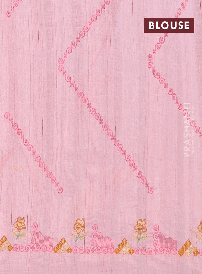 Semi raw silk saree mild peach pink with allover embrodery work and embroidery border