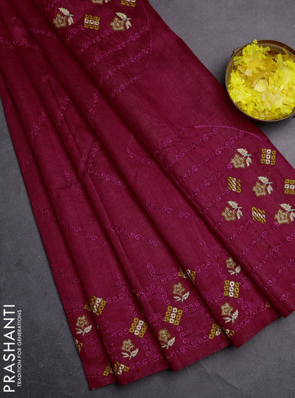 Semi raw silk saree dark pink with allover embrodery work and embroidery border