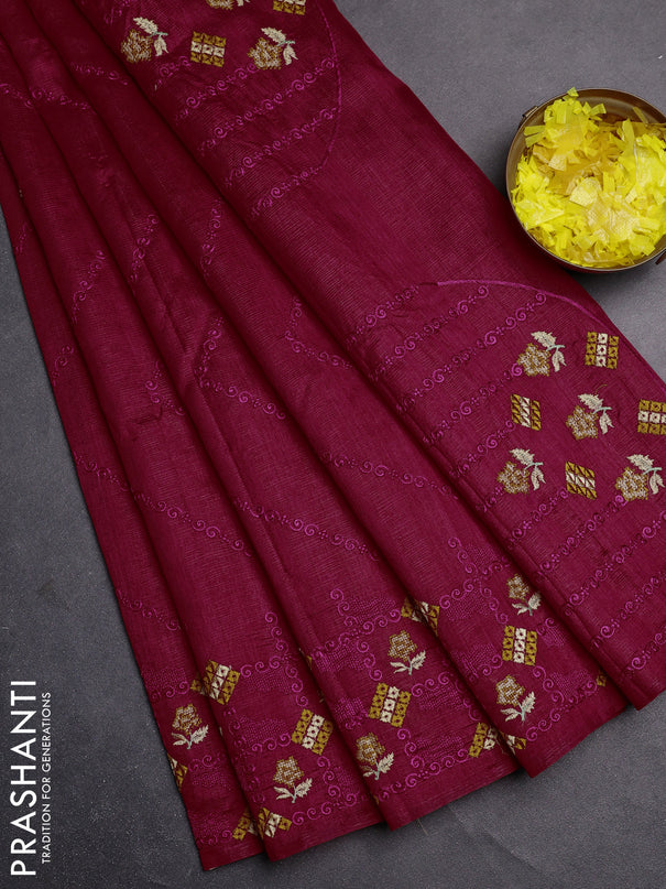 Semi raw silk saree dark pink with allover embrodery work and embroidery border