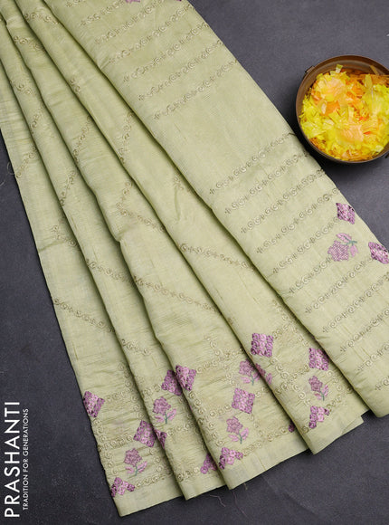 Semi raw silk saree mild pista green with allover embrodery work and embroidery border