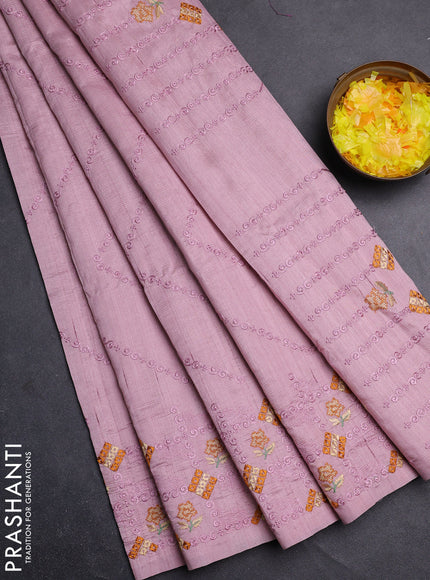 Semi raw silk saree pastel pink with allover embrodery work and embroidery border
