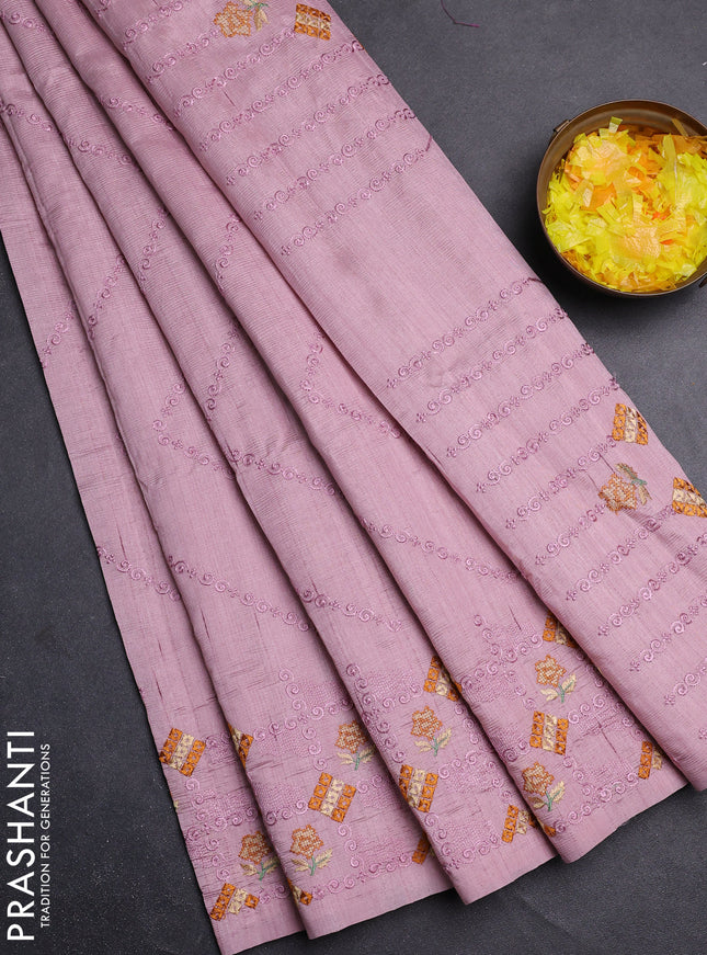 Semi raw silk saree pastel pink with allover embrodery work and embroidery border