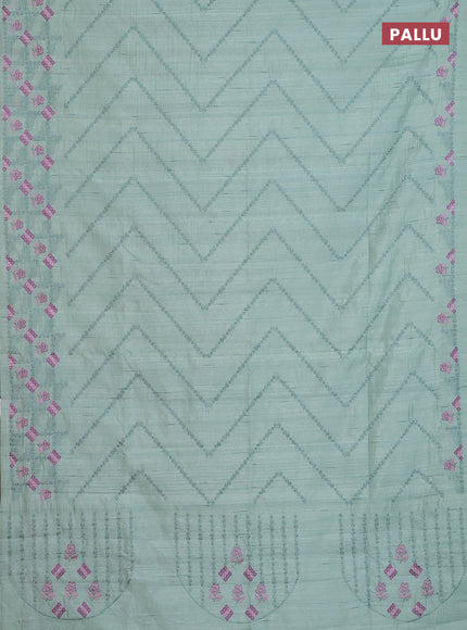 Semi raw silk saree pastel green with allover embrodery work and embroidery border