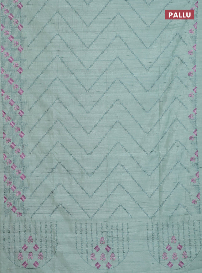 Semi raw silk saree pastel green with allover embrodery work and embroidery border