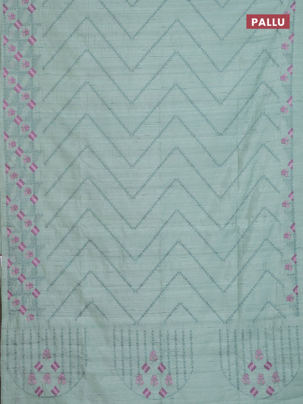 Semi raw silk saree pastel green with allover embrodery work and embroidery border