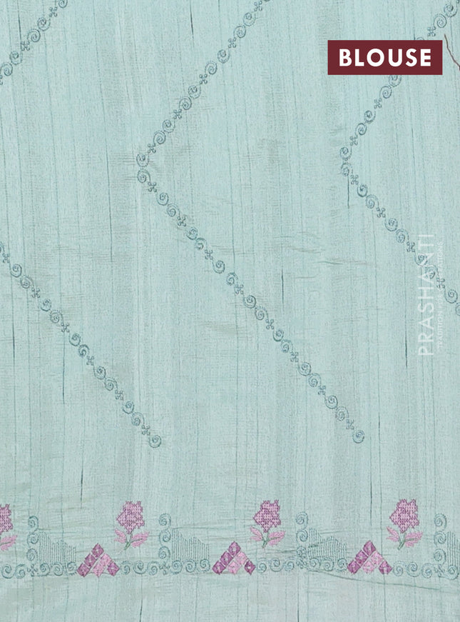 Semi raw silk saree pastel green with allover embrodery work and embroidery border