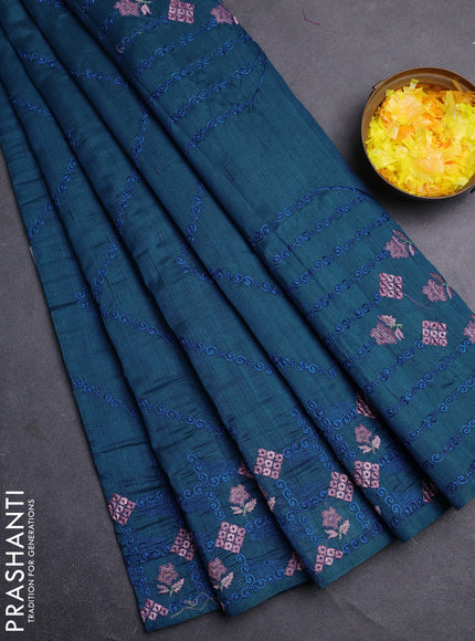 Semi raw silk saree peacock blue with allover embrodery work and embroidery border