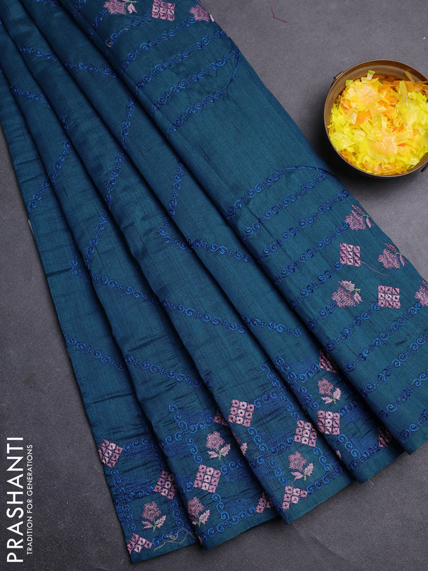 Semi raw silk saree peacock blue with allover embrodery work and embroidery border