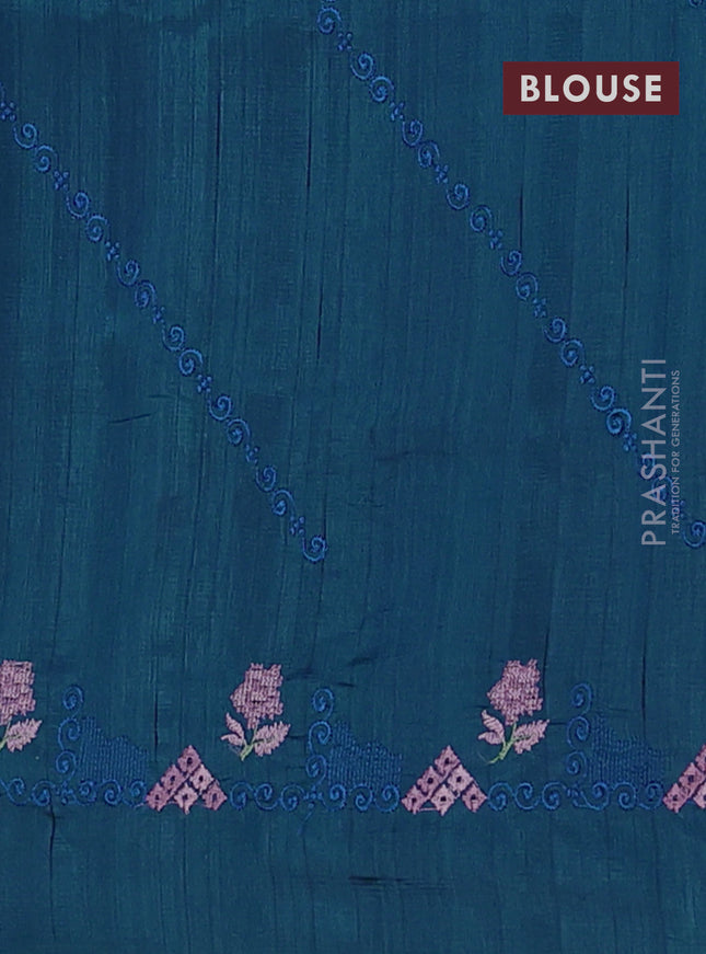 Semi raw silk saree peacock blue with allover embrodery work and embroidery border