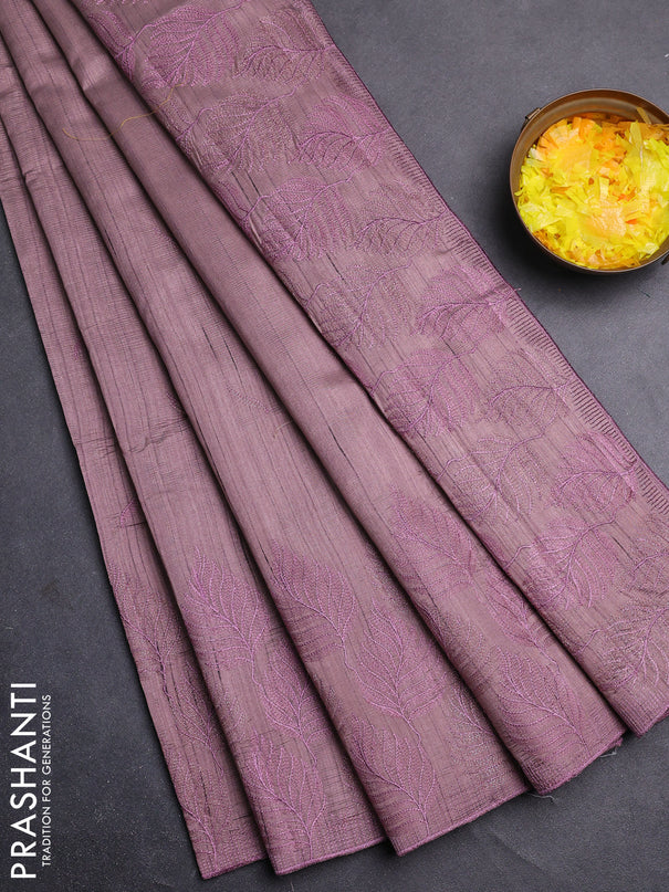 Semi raw silk saree pastel purple with embroidery buttas and leaf embroidery border