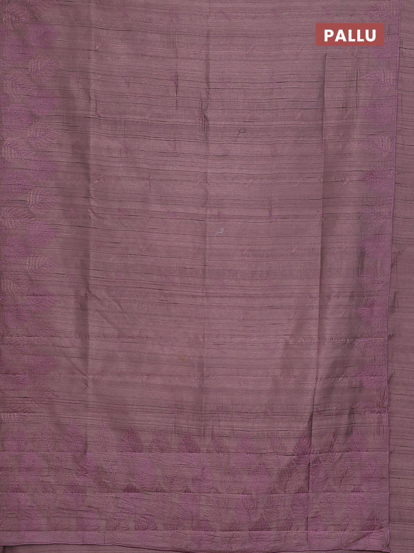 Semi raw silk saree pastel purple with embroidery buttas and leaf embroidery border