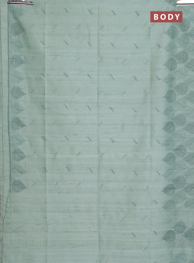 Semi raw silk saree pastel green with embroidery buttas and leaf embroidery border