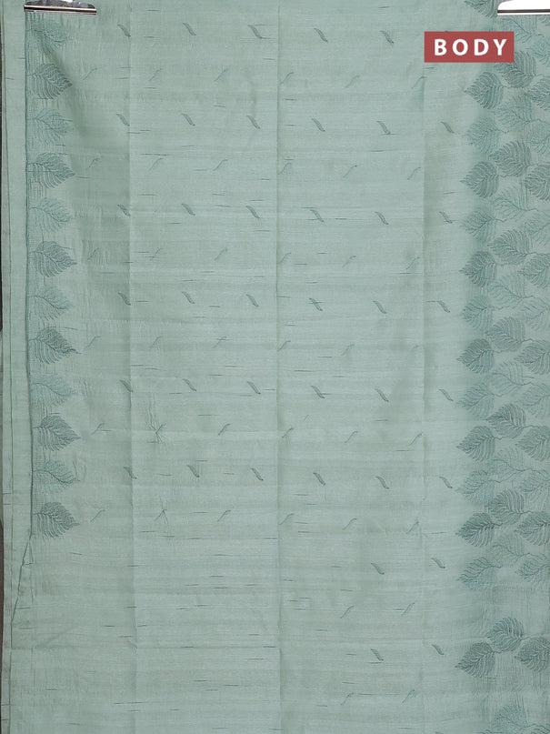 Semi raw silk saree pastel green with embroidery buttas and leaf embroidery border